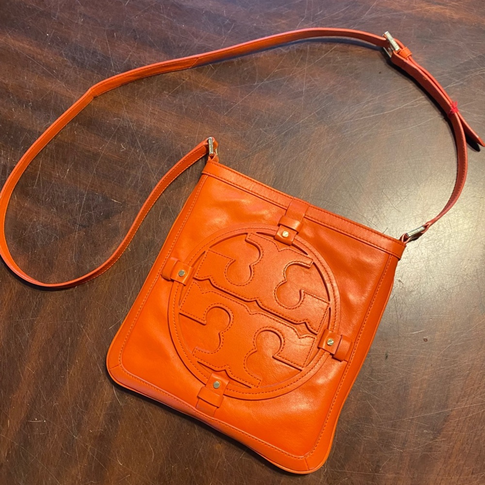 Tory Burch Bright Orange Leather Logo Crossbody
